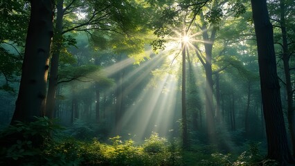 Obraz premium Sunbeams Illuminating Dense Forest Canopy, Vibrant Nature Scene in Grayish Dappled Light