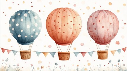 Watercolor hot air balloons, festive bunting, floral field, celebration, print