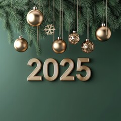 3d text New Year 2025 gold realistic rendering celebration on a green background	