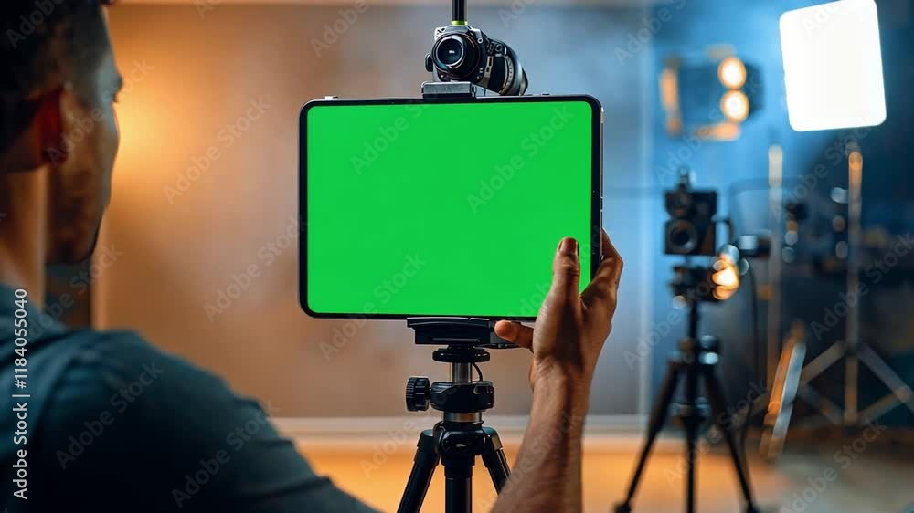 Poster A person is positioned in a studio, holding a tablet displaying a green screen. Bright studio lights illuminate the area, enhancing the setup for creative video content.