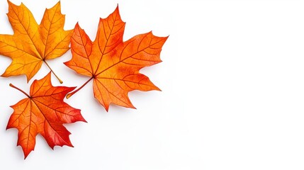 A photostock of vibrant autumn leaves in fiery orange and red hues, falling gently against a clean white background, perfect for seasonal designs. High Quality