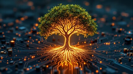 A glowing tree with detailed roots emerges from the circuit board, symbolizing the harmony of nature and modern technology