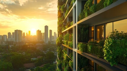 Sustainable Urban Oasis: Balcony Garden Overlooking City Skyline at Golden Hour Light