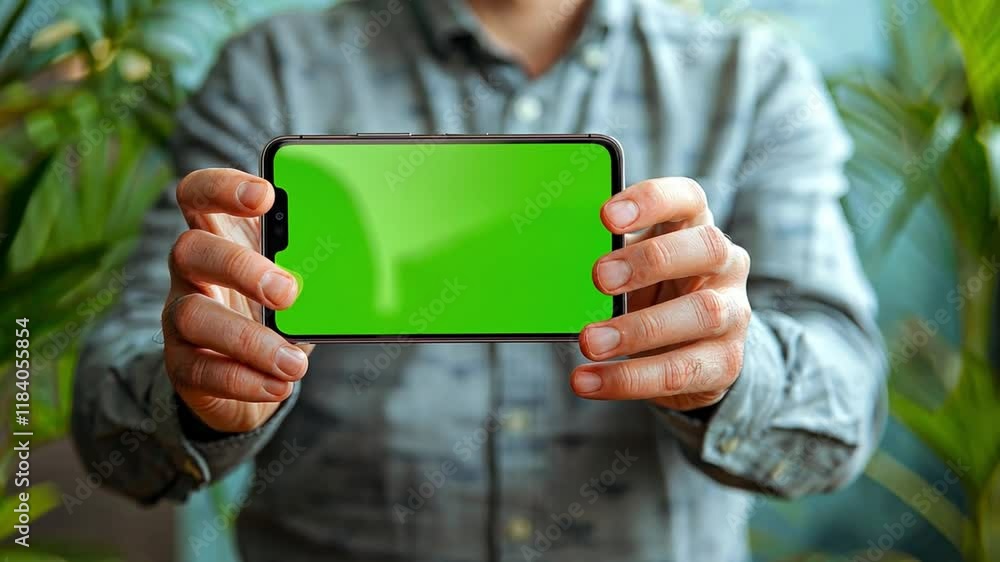 Poster a person is presenting a smartphone with a bright green chromakey screen. the setting is bright and 