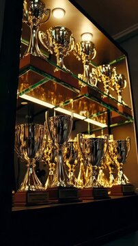 Eye level shot, a trophy case with awards reflecting golden light, emphasizing achievement and success.
