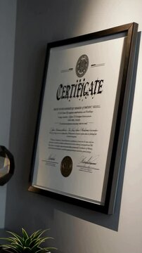 A framed certificate on a sleek wall with minimalistic decor, modern professional tone, medium shot. Business credentials, professional accomplishment, or corporate branding in office setting.
