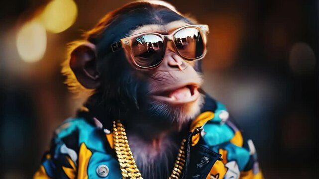 Cool Monkey in Sunglasses and Gold Chain - Urban Streetwear Style Video Footage, Abstract Background Animation, Hip Hop Music Video - Perfect for Fashion, Music, and Lifestyle Projects