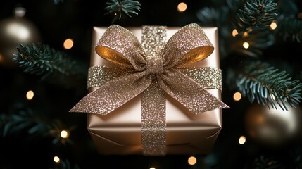 Gold gift, Christmas tree, lights, bokeh, present