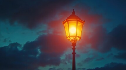 A brightly lit street lamp standing tall against the dark night sky, casting a gentle light on the road below.