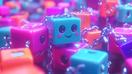 Cute chained teal cube among colorful cubes.