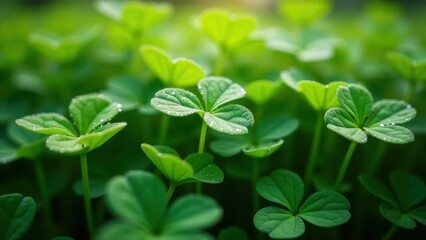 Close-Up of Fresh Dew-Covered Clovers in Sunlit Natural Scenery

