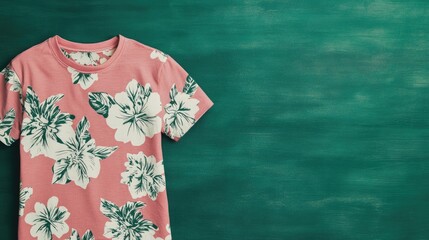 A light pink T-shirt featuring a simple pattern, isolated on a contrasting dark green background, adding a fresh touch.