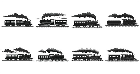 Obraz premium Train icon vector black silhouettes, Set of train silhouettes vector, Set of various train silhouettes icons, Cargo and passenger train silhouettes collection, Train transportation silhouettes vector