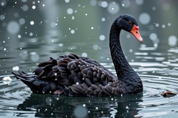 Majestic Black Swan Swimming in Calm Water Elegant Feathers Dark Plumage Water Ripples