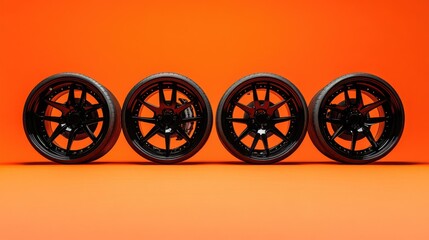 A set of five black alloy car wheels with wide spokes, isolated against a bright neon orange background.