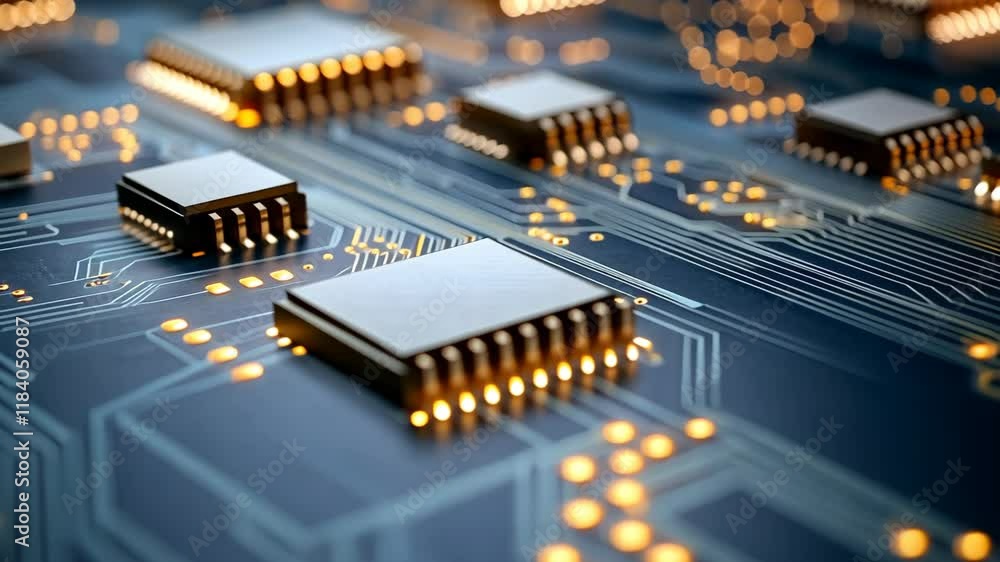 Poster this showcases the beauty of a circuit board with shining components and complex pathways, reflectin