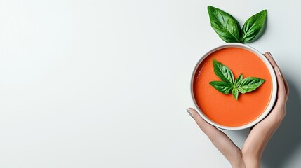 Fresh Tomato Soup with Basil Leaves in a White Bowl and Hands