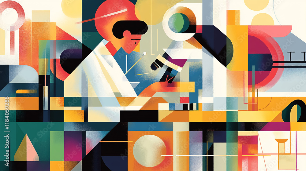 Aufkleber Abstract depiction of a scientist using a microscope in a geometric design