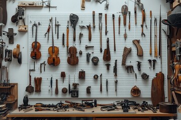 Violin Making Workshop: Tools & Craftsmanship, Detailed View of Instruments and Utensils for Luthiery