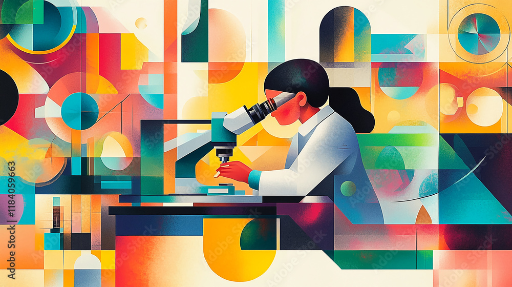 Aufkleber geometric illustration of a scientist examining a sample under a microscope