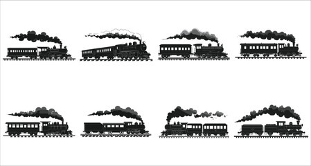 Obraz premium Train icon vector black silhouettes, Set of train silhouettes vector, Set of various train silhouettes icons, Cargo and passenger train silhouettes collection, Train transportation silhouettes vector