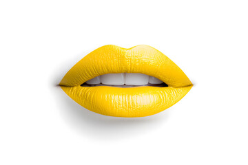 Closeup yellow lipstick lips, isolated on white background