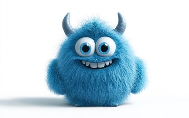 A fluffy blue monster with large round eyes and tiny horns, smiling cheerfully on a bright white background