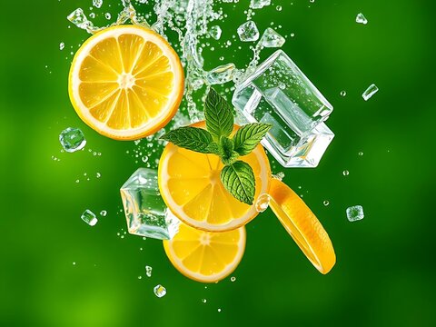 Mint leaves and lemon slices over ice and in a splash of water. Isolated on a greenish background