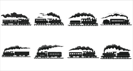 Obraz premium Train icon vector black silhouettes, Set of train silhouettes vector, Set of various train silhouettes icons, Cargo and passenger train silhouettes collection, Train transportation silhouettes vector