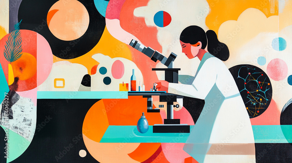 Aufkleber Abstract geometric scientist using a microscope in a colorful laboratory