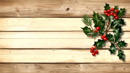 Sprigs of holly and red berries are arranged on a rustic wooden background, creating a festive touch ideal for Christmas decorations and holiday celebrations