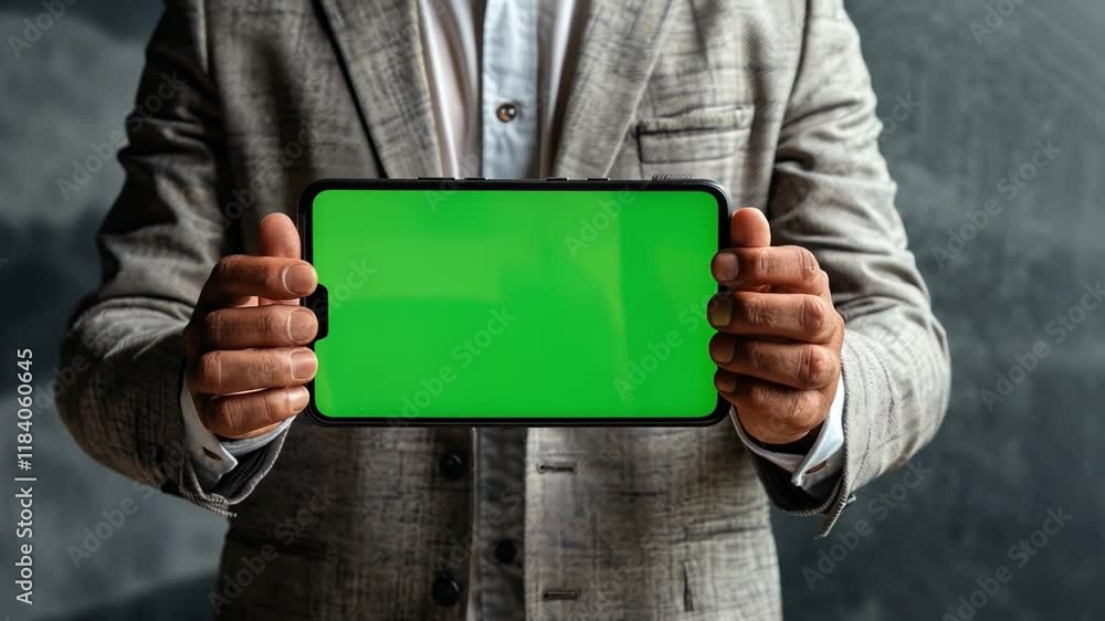 Poster A man in a formal suit holds a tablet with a green screen, perfect for presentations or content creation. The setting features a stylish office backdrop, emphasizing a professional atmosphere.
