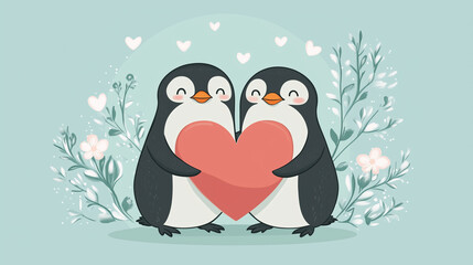 valentines day cartoon penguins holding big red heart together on soft mint background