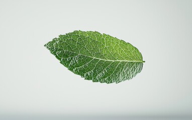 A fresh green mint leaf floating mid-air with visible texture on a white background