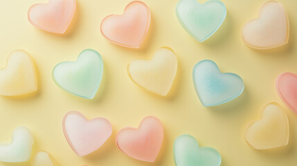 Obraz premium valentines day pale yellow background with translucent hearts in pastel colors