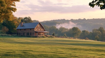 Fototapeta premium Countryside Elegance: Modern Barnhouse in Open Fields with Warm Wood Accents Under a Soft Pastel Sky