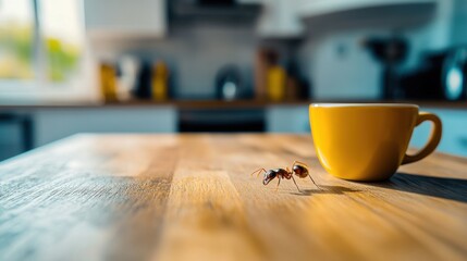 Ant Crawling on Kitchen Countertop with Coffee Cup