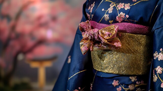 Close-up of a navy blue kimono with pink cherry blossoms and gold obi.