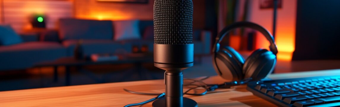 A professional podcast studio setup with glowing lights and a sleek microphone. Perfect for technology, content creation, and media visuals. - Powered by Adobe