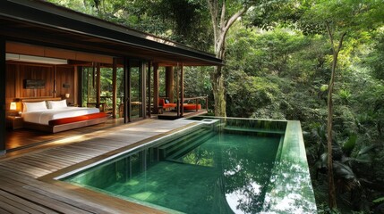 Serene Rainforest Retreat: Eco-Luxury Wooden Bungalow Amid Vibrant Greenery