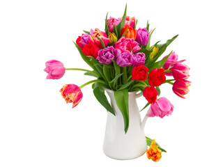 bouquet of  pink, purple and red  tulips