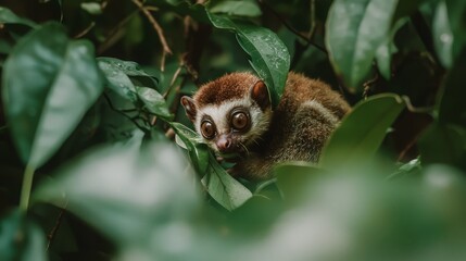 Fototapeta premium A cute slow loris hiding in lush green foliage.