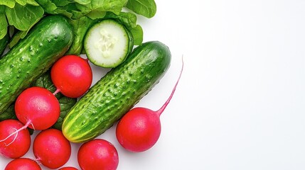 Fresh Cucumbers and Radishes on White Background for Healthy Eating