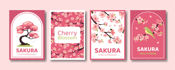 Naklejka premium Cherry Blossom Sakura Greeting Cards Set