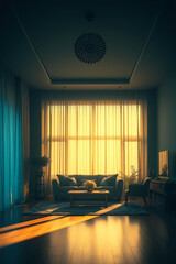 Fototapeta premium Luxurious High-Rise Apartment Living Room With Cityscape View