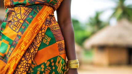 Fototapeta premium Close-up of a woman's vibrant African print dress.