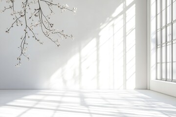 Obraz premium Sunlight Illuminates Minimalist Room with Blossoming Branch and Large Window, Creating Serene Atmosphere