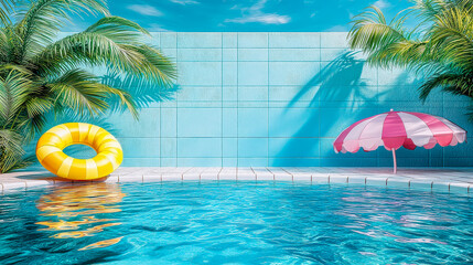A vibrant pool area features clear blue water surrounded by lush palm trees, colorful beach umbrellas, and playful floatation rings inviting fun in the sun.