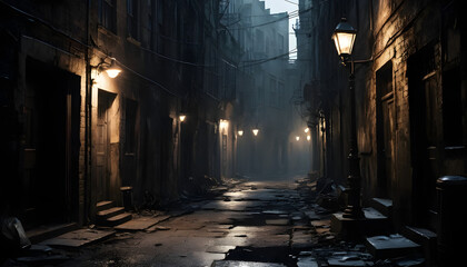 Fototapeta premium Dark, foggy alleyway at night with old buildings and streetlights. (1)