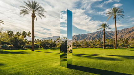Reflective monolith with palm trees and mountains under a clear sky